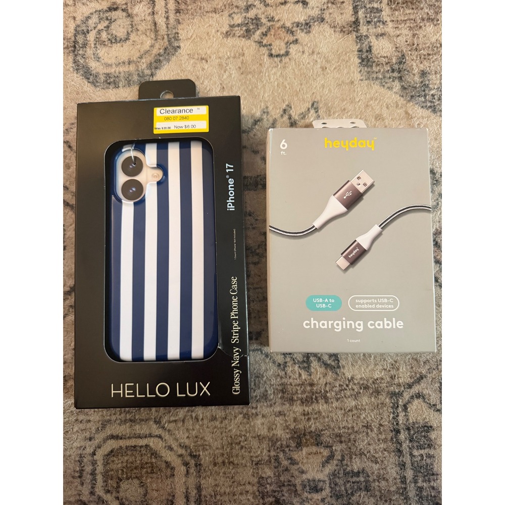 Hello Lux iPhone 17 Case Navy Stripe MagSafe & Heyday 6ft USB-A to USB-C Cable